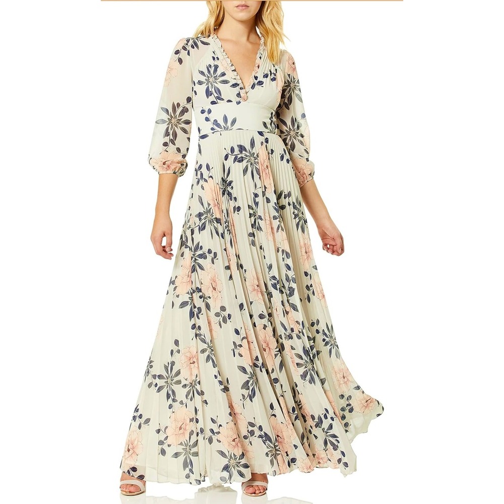 Monique Lhuillier floral pleated maxi dress Size 6 v neck 3/4 sleeve neutral